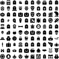 Collection Of 100 Halloween Icons Set Isolated Solid Silhouette Icons Including Spooky, Pumpkin, Vector, Halloween, Horror, Background, Holiday Infographic Elements Vector Illustration Logo