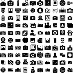 Collection Of 100 Photo Icons Set Isolated Solid Silhouette Icons Including Paper, Blank, Frame, Picture, Retro, Design, Photo Infographic Elements Vector Illustration Logo