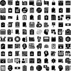 Collection Of 100 Planning Icons Set Isolated Solid Silhouette Icons Including Strategy, Meeting, Plan, Project, Office, Business, Team Infographic Elements Vector Illustration Logo