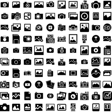 Collection Of 100 Photograph Icons Set Isolated Solid Silhouette Icons Including Photography, Background, Photo, Picture, Design, Photograph, Camera Infographic Elements Vector Illustration Logo