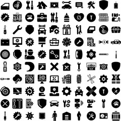 Collection Of 100 Repair Icons Set Isolated Solid Silhouette Icons Including Service, Maintenance, Work, Repair, Tool, Fix, Equipment Infographic Elements Vector Illustration Logo