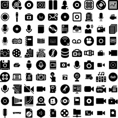 Collection Of 100 Record Icons Set Isolated Solid Silhouette Icons Including Record, Vinyl, Album, Vintage, Music, Retro, Sound Infographic Elements Vector Illustration Logo