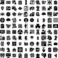 Collection Of 100 Strategy Icons Set Isolated Solid Silhouette Icons Including Marketing, Concept, Success, Strategy, Business, Plan, Growth Infographic Elements Vector Illustration Logo