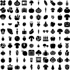 Fototapeta na wymiar Collection Of 100 Vegetable Icons Set Isolated Solid Silhouette Icons Including Fresh, Organic, Vegetarian, Healthy, Fruit, Food, Vegetable Infographic Elements Vector Illustration Logo
