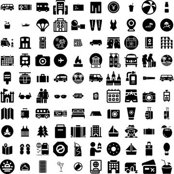 Collection Of 100 Vacation Icons Set Isolated Solid Silhouette Icons Including Happy, Travel, Beach, Vacation, Summer, Sea, Holiday Infographic Elements Vector Illustration Logo