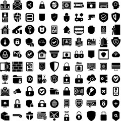 Collection Of 100 Security Icons Set Isolated Solid Silhouette Icons Including Computer, Security, Protection, Privacy, Secure, Technology, Internet Infographic Elements Vector Illustration Logo