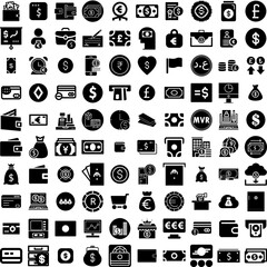 Collection Of 100 Money Icons Set Isolated Solid Silhouette Icons Including Dollar, Payment, Business, Money, Currency, Cash, Finance Infographic Elements Vector Illustration Logo
