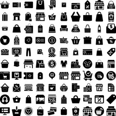 Collection Of 100 Shopping Icons Set Isolated Solid Silhouette Icons Including Shop, Promotion, Business, Sale, Discount, Store, Buy Infographic Elements Vector Illustration Logo
