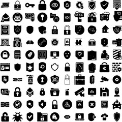 Collection Of 100 Security Icons Set Isolated Solid Silhouette Icons Including Privacy, Internet, Security, Secure, Technology, Protection, Computer Infographic Elements Vector Illustration Logo