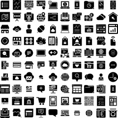 Collection Of 100 Online Icons Set Isolated Solid Silhouette Icons Including Online, Business, Digital, Technology, Internet, Concept, Store Infographic Elements Vector Illustration Logo