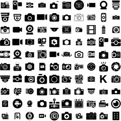 Collection Of 100 Camera Icons Set Isolated Solid Silhouette Icons Including Camera, Digital, Photo, Lens, Equipment, Illustration, Photography Infographic Elements Vector Illustration Logo
