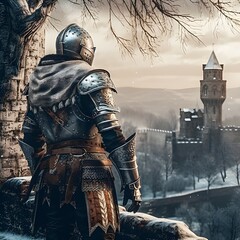 Medieval knight in a winter landscape and looking at a ruined castle. generative AI	
