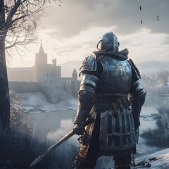 Medieval knight in a winter landscape and looking at a ruined castle. generative AI	
