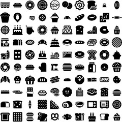 Collection Of 100 Bakery Icons Set Isolated Solid Silhouette Icons Including Bread, Pastry, Cafe, Bakery, Shop, Food, Design Infographic Elements Vector Illustration Logo