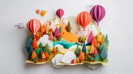 Fototapeta na wymiar Landscape of fantasy whimsical island with forest and mountains, hot air balloon over the sea, paper craft art or origami style. Ai generative