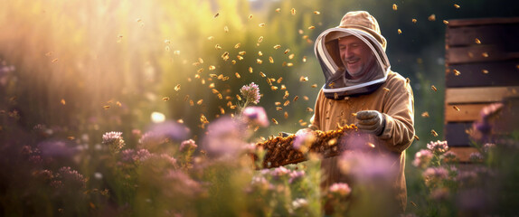 Older man beekeeper, wearing protective suit, looking happy, sun lit meadow with flying bees around. Banner copyspace for text left side. Generative AI