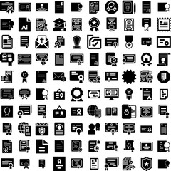 Collection Of 100 Certificate Icons Set Isolated Solid Silhouette Icons Including Template, Award, Business, Certificate, Diploma, Achievement, Design Infographic Elements Vector Illustration Logo