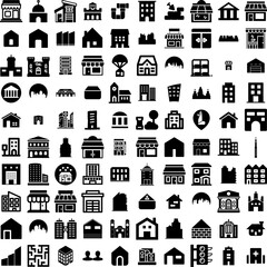 Collection Of 100 Building Icons Set Isolated Solid Silhouette Icons Including Business, City, Building, Architecture, Office, Urban, Construction Infographic Elements Vector Illustration Logo