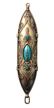 Single mezuzah case isolated on a white background. Fancy decorated vintage silver mesusah design.