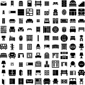 Collection Of 100 Furniture Icons Set Isolated Solid Silhouette Icons Including Design, Furniture, Home, Table, Interior, Room, Living Infographic Elements Vector Illustration Logo
