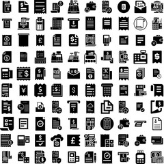 Collection Of 100 Invoice Icons Set Isolated Solid Silhouette Icons Including Finance, Payment, Business, Bill, Invoice, Accounting, Receipt Infographic Elements Vector Illustration Logo