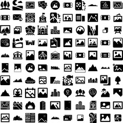 Collection Of 100 Landscape Icons Set Isolated Solid Silhouette Icons Including Nature, Sky, Mountain, Background, Scenery, Outdoor, Landscape Infographic Elements Vector Illustration Logo