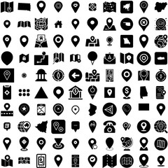 Naklejka na ściany i meble Collection Of 100 Location Icons Set Isolated Solid Silhouette Icons Including Sign, Location, Vector, Place, Pin, Symbol, Icon Infographic Elements Vector Illustration Logo