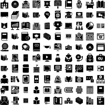 Collection Of 100 Learning Icons Set Isolated Solid Silhouette Icons Including Computer, Student, Laptop, Online, School, Education, Internet Infographic Elements Vector Illustration Logo