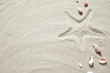 Fototapeta na wymiar Starfish imprint and seashells on sand