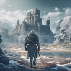 Medieval knight in a winter landscape and looking at a ruined castle. generative AI	
