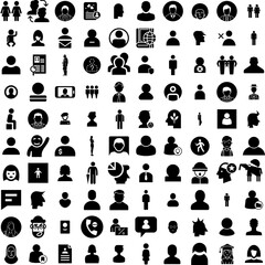 Collection Of 100 Person Icons Set Isolated Solid Silhouette Icons Including Group, Work, People, Team, Person, Female, Business Infographic Elements Vector Illustration Logo