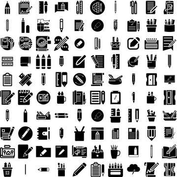 Collection Of 100 Pencil Icons Set Isolated Solid Silhouette Icons Including Drawing, Illustration, Isolated, School, Vector, Pencil, Office Infographic Elements Vector Illustration Logo