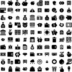 Collection Of 100 Saving Icons Set Isolated Solid Silhouette Icons Including Icon, Save, Business, Finance, Illustration, Vector, Money Infographic Elements Vector Illustration Logo