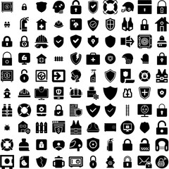 Collection Of 100 Safety Icons Set Isolated Solid Silhouette Icons Including Concept, Safety, Work, Worker, Industry, Protection, Health Infographic Elements Vector Illustration Logo