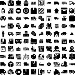 Collection Of 100 Shipping Icons Set Isolated Solid Silhouette Icons Including Container, Transport, Cargo, Shipping, Export, Ship, Transportation Infographic Elements Vector Illustration Logo