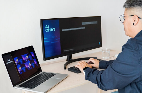 Generative Ai Digital art: Business woman creating images with artificial intelligence inside office - Smart technology trend - Main focus on hands