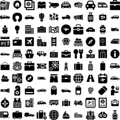 Collection Of 100 Travel Icons Set Isolated Solid Silhouette Icons Including Holiday, Tourism, Travel, Trip, Journey, Airplane, Vacation Infographic Elements Vector Illustration Logo