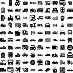 Collection Of 100 Transport Icons Set Isolated Solid Silhouette Icons Including Car, Cargo, Ship, Transport, Truck, Plane, Transportation Infographic Elements Vector Illustration Logo