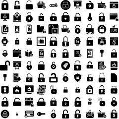 Collection Of 100 Unlock Icons Set Isolated Solid Silhouette Icons Including Lock, Icon, Safe, Vector, Password, Open, Unlock Infographic Elements Vector Illustration Logo