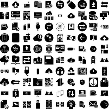 Collection Of 100 Transfer Icons Set Isolated Solid Silhouette Icons Including Digital, Mobile, Transfer, Business, Money, Finance, Technology Infographic Elements Vector Illustration Logo
