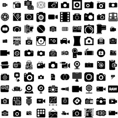 Collection Of 100 Camera Icons Set Isolated Solid Silhouette Icons Including Photo, Illustration, Equipment, Digital, Lens, Photography, Camera Infographic Elements Vector Illustration Logo