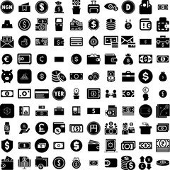 Collection Of 100 Money Icons Set Isolated Solid Silhouette Icons Including Money, Dollar, Currency, Cash, Payment, Business, Finance Infographic Elements Vector Illustration Logo