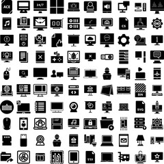 Collection Of 100 Computer Icons Set Isolated Solid Silhouette Icons Including Business, Display, Technology, Computer, Screen, Modern, Laptop Infographic Elements Vector Illustration Logo