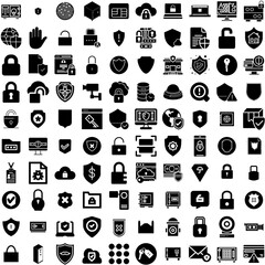 Collection Of 100 Security Icons Set Isolated Solid Silhouette Icons Including Internet, Technology, Privacy, Security, Computer, Secure, Protection Infographic Elements Vector Illustration Logo