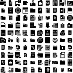 Collection Of 100 Document Icons Set Isolated Solid Silhouette Icons Including Folder, Business, Office, File, Information, Document, Management Infographic Elements Vector Illustration Logo