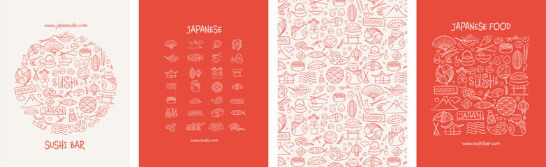 Concept Art, Japaneese Food and Traditions. Frame, background, tree, icons. Set for your design project - cards, banners, poster, web, print, social media, promotional materials. Vector illustration