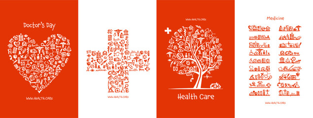 Medicine concept arts made from medical icons - Heart shape, cross, tree. Design for cards, banners, poster, web, print, social media, promotional materials. Vector illustration - 606740427