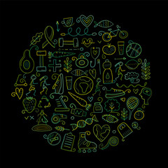 World health day. Concept art with healty lifestyle desing elements, icons set. Black background. Vector illustration
