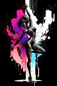 Silhouette of a painting of a woman dancing. Paint drips and splatter effect. (AI-generated fictional illustration)
