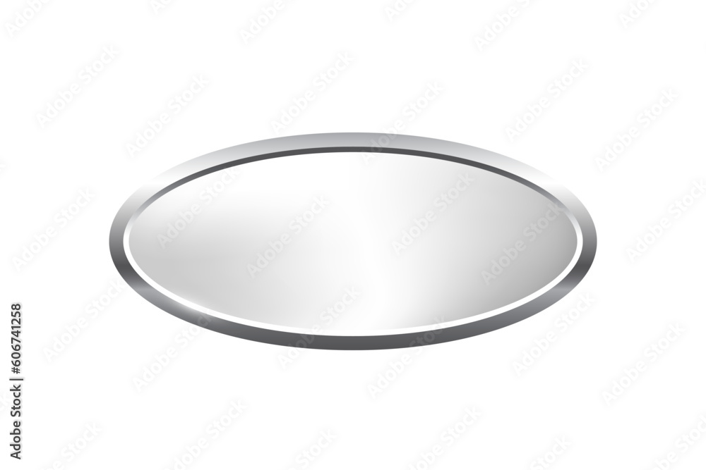 Poster silver ellipse button with frame vector illustration. 3d steel glossy elegant oval design for empty 